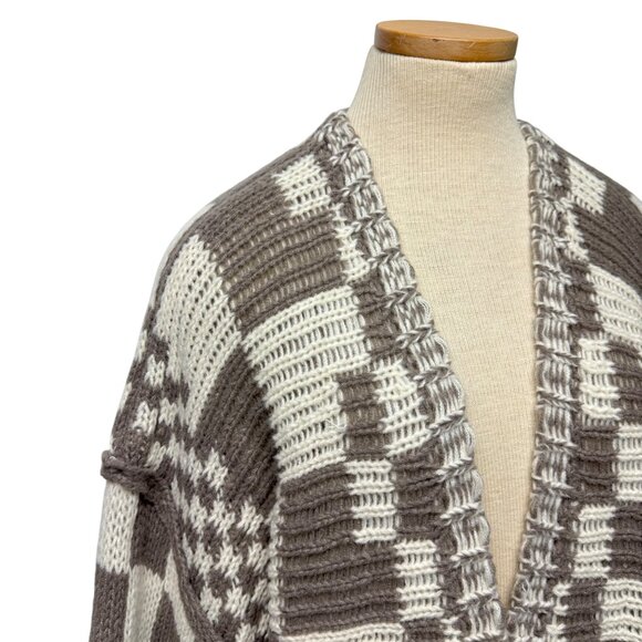 1X Talulah Check Cardigan Sweater Oversize Balloon Sleeve Taupe Cream Boutique - Picture 3 of 9